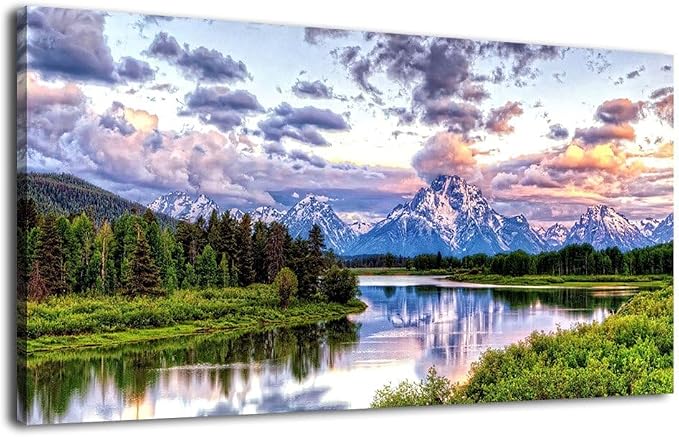 arteWOODS Nature Canvas Wall Art - Mountain River Forest Picture Oxbow Bend Grand Teton Landscape Wall Decor Artwork Green Painting Print for Living Room Bedroom Home Office Decoration 29" x 58"