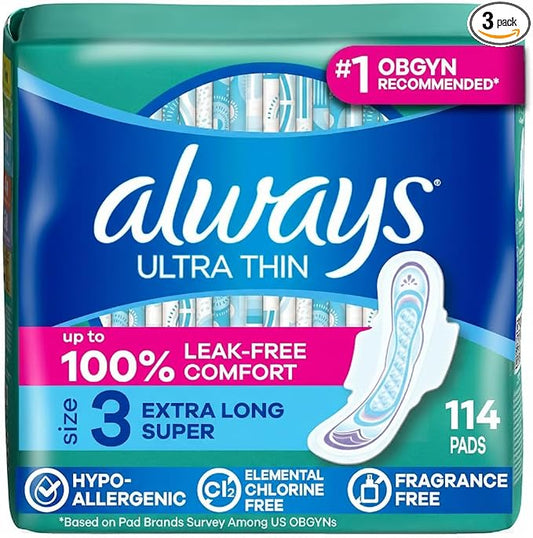 Always Ultra Thin, Size 3 Extra Heavy Long Absorbency, Multipack, with Wings, Unscented, 38 Count x 3 Packs (114 Count Total)