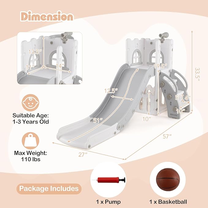BABY JOY Toddler Slide, 6-in-1 Indoor Kids Slide Playset with Basketball Hoop, Telescope, Climbing Ladder & Storage Space, Freestanding Playhouse & Climber for Kids Aged 1-3 (Gray)