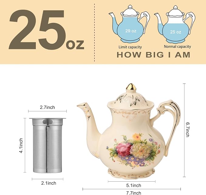YOLIFE Flowering Shrubs Teapot, 25 OZ/ 3 Cup Ivory Vintage Porcelain Tea Pot with Infuser, Floral Teapot with Gold Leaves Trim Design