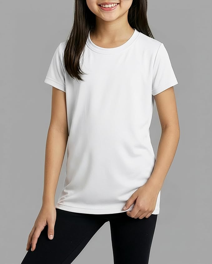 Real Essentials 5 Pack: Girls' Short Sleeve Dry-Fit Athletic T-Shirt - Active Gym Crew Neck Tops for Teens Kids (Ages 4-16)