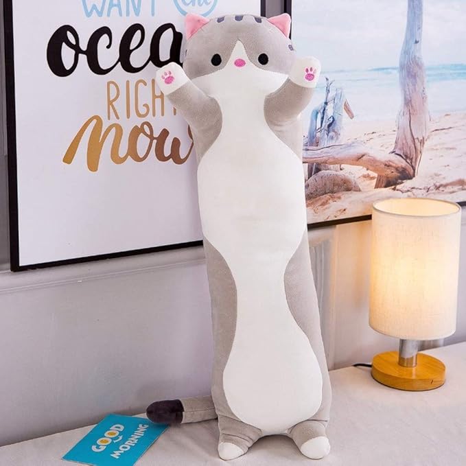 shangman Lovely Plush Cat Doll Cute Cartoon Soft Stuffed Kitten Pillow Long Throw Sleeping Pillow Doll Toy Gift for Kids Girlfriend Multiple Size (Grey,110cm/43.3in)