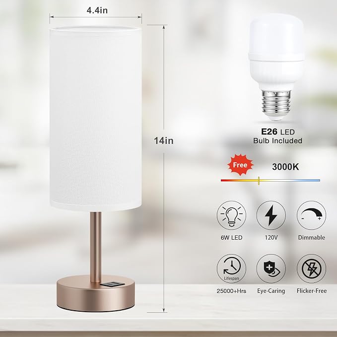 Dicoool Touch Bedside Table Lamp with USB - 3 Way Dimmable Lamp for Bedroom Nightstand, Desk Lamp with Charging Station for Dorm, Living Room, Office, Kids Room, Nursery