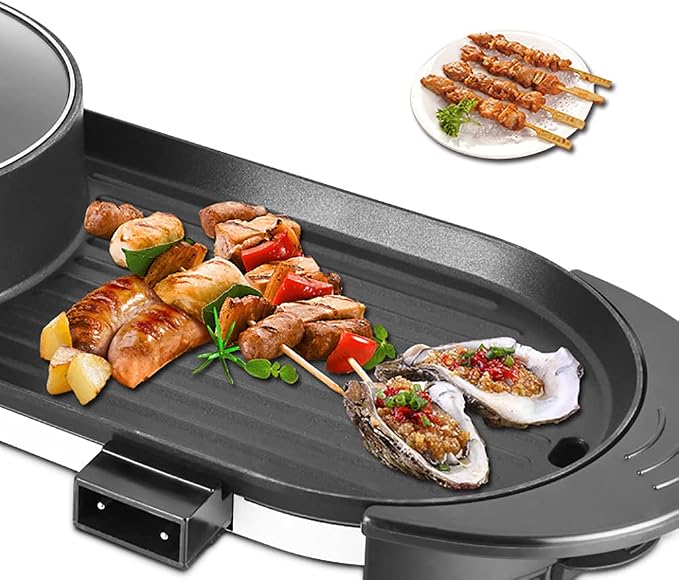 2 In 1 Hot Pot Barbecue Grill, Korean Hot Pot BBQ Grill with 2 Controller & Lid, Non Stick Barbecue Hot Pot for Indoor & Outdoor, 110V 2200W Electric Hotpot with Multistage Temp Adjustable
