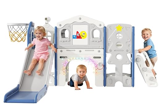 BIERUM 10 in 1 Toddler Slide Set - Baby Slide for Toddlers 1-3 with Colorful Lights, Drawing Board and Building Blocks Board, Indoor Outdoor Toddler Playset Playground, Blue Gray