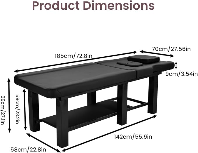 Professional Stationary Massage Table with Backrest, Adjustable Thick Foam Spa Massage Beds,Metal Frame PU Leather 27.55'' Wide 72.83'' Long Heavy Duty Bed for Massages, Hairdressing, Spas(Black)