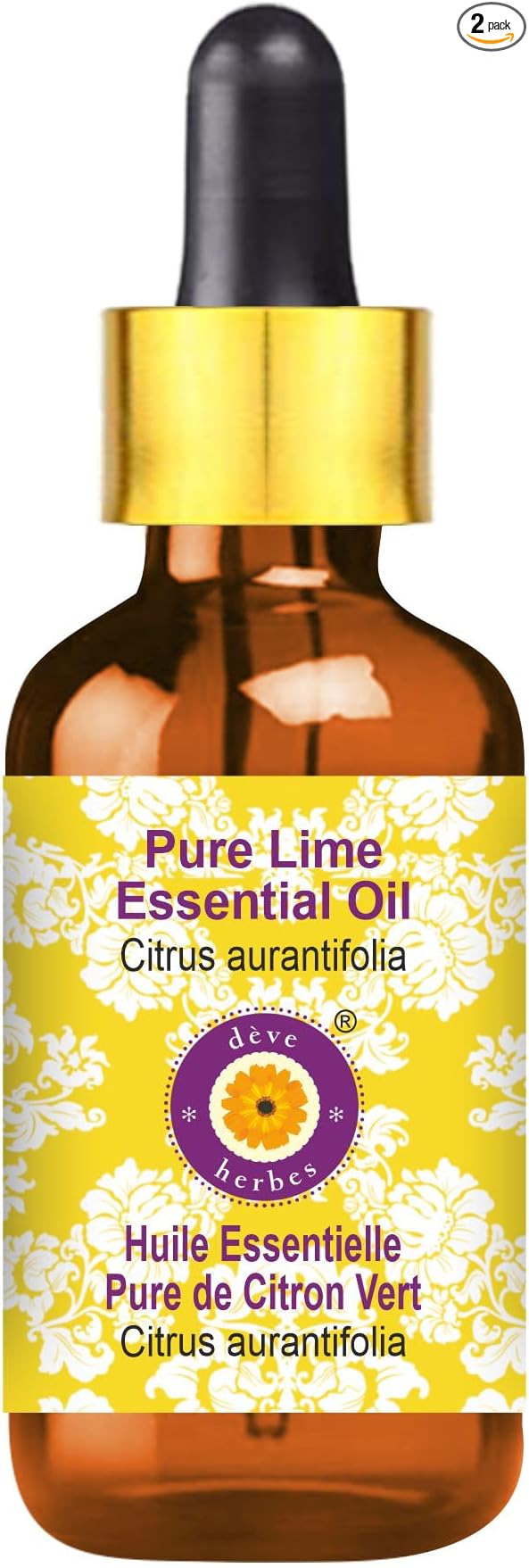 Deve Herbes Pure Lime Essential Oil (Citrus aurantifolia) with Glass Dropper Steam Distilled 10ml (0.33 oz)