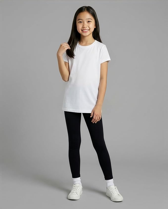Real Essentials 5 Pack: Girls' Short Sleeve Dry-Fit Athletic T-Shirt - Active Gym Crew Neck Tops for Teens Kids (Ages 4-16)