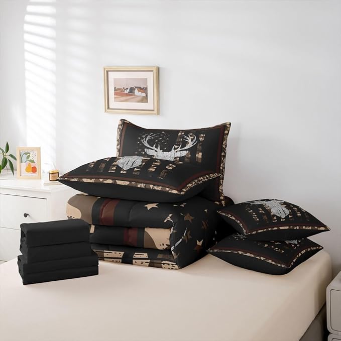 Feelyou Brown Deer Hunting Camo Twin Comforter Set with Sheets for Kids Boys Girls Camouflage Camo 7 Pieces Bedding Set American Flag Bed in a Bag Wild Animal Room Decor Soft Lightweight Microfiber