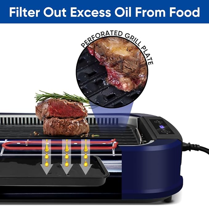 Indoor Grill CUSIMAX Electric Smokeless Grill Portable Korean BBQ, Blue | with Turbo Smoke Extractor Technology, Adjustable Temperature, Non-stick Removable Plate, Tempered Glass Lid, Great for Party