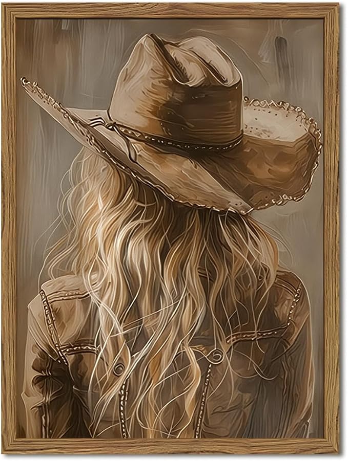 Vintage Western Cowgirl Wall Art, Country Girl Cowboy Wall Decor Painting, Girly Southwestern Poster Canvas Prints for Living Room Bedroom Farmhouse 16x24 inch Wood Framed