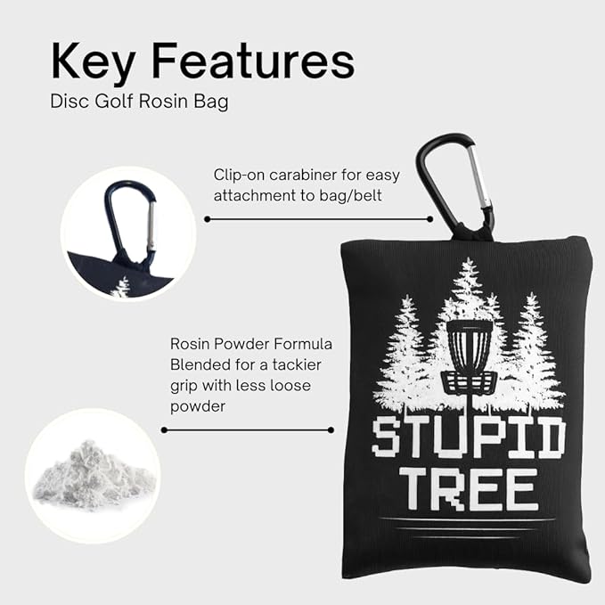 Disc Golf Grip Bag with Carabiner, Frisbee Disc Golf Grip Enhancer for All Skill Levels, Pre-Filled Chalk or Rosin Options – Black – Stupid Tree Design