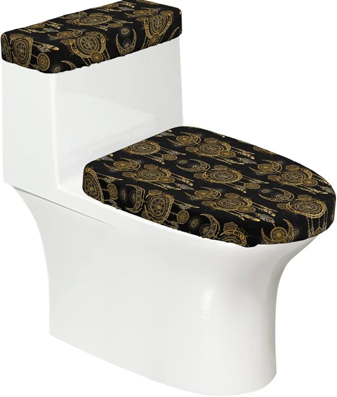 Dustproof Toilet Lid Tank Cover Set Boho Chic Golden Crescent Moon Sun Mandala, Stretch Polyester Spandex Non Slip Elastic Bottom Bathroom