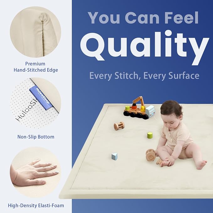 Huloo Sleep Ultra Soft Baby Play Mat for Floor, 1.3" Thick Elasti-Foam 65x50 Play Mat for Playpen,Water-Repellent Coral Velvet for Tummy Time, Non-Slip Backing,Safe for Toddlers & Infants（Cream）