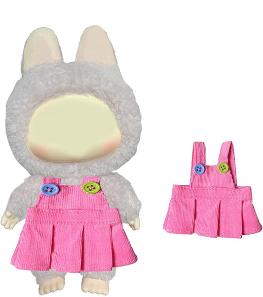 Dress for labubu Dolls (15cm & 17cm Monster Keychain-Macaron/Have a seat/Energy). Clothes Accessories for popmart 6.7" Blind Box. Dress Set for labubu Outfits. (Pink Overall Dress)