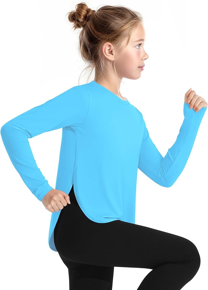 JOCMIC Girls Long Sleeve Shirts Kids Athletic Quick Dry UPF 50+ Sun Shirt Basic Tees for Gym Yoga Tops