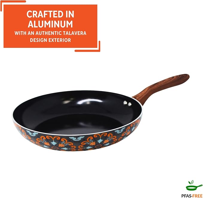 IMUSA 10 Inch Talavera Aluminum Black Ceramic Fry Pan with Woodlook Handle | Ceramic Nonstick, Glass Lid with Helper Handle, Deep Sauté Pan, Ideal for Family Cooking