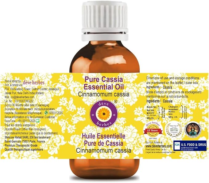 Deve Herbes Pure Cassia Essential Oil (Cinnamomum Cassia) Steam Distilled 100ml (3.38 oz)