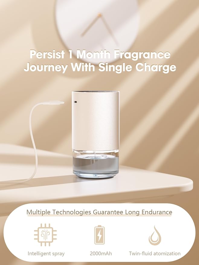 Waterless Essential Oil Diffuser, Rechargeable Aromatherapy Scent Diffusers for Home, Car, Bedroom, Office, 1/2/4/8-Hour Timer, 100ml Capacity, 3 Mist Levels, Silver