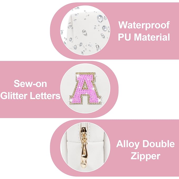 Small Initial Patch Makeup Bag Personalized Gifts Make Up Bag,White Cute PU Leather Glitter Letter Cosmetic Bag with Zipper,Trendy Portable Travel Toiletry Pouch,Preppy Stuff for Teen Girls Women A