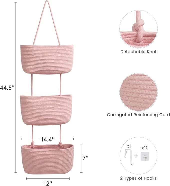TeoKJ Over the Door Hanging Basket, 3-Tier Woven Cotton Wall-Mounted Storage Organizer Bag Decorative Hanging Nursery Baskets, Pink