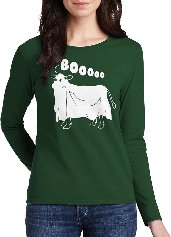 Threadrock Women's Cow Ghost Saying Moo Long Sleeve T-Shirt