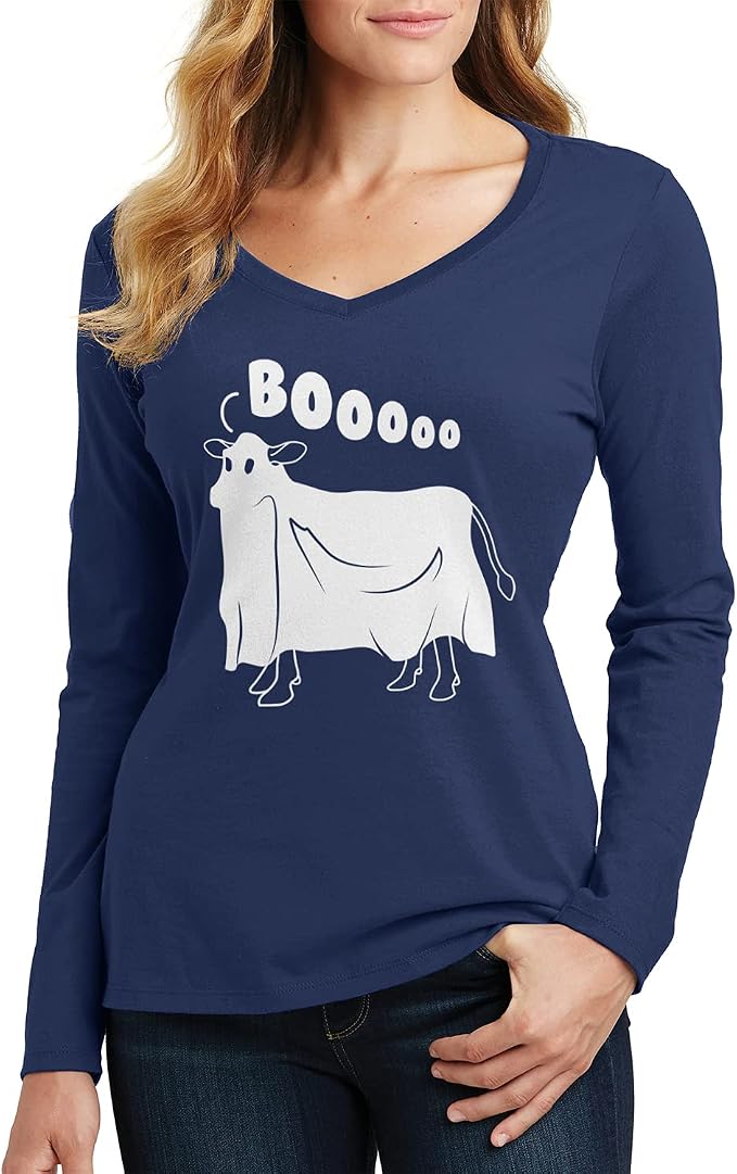 Threadrock Women's Cow Ghost Saying Moo Long Sleeve V-Neck T-Shirt