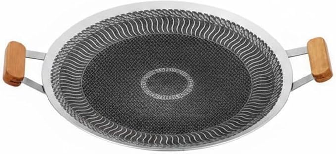 Korean Barbecue Pan Coating Round Stainless Steel Griddle Easy to Clean double Handle Grilling Pan for Camping, Outdoor, 38CM, Wood Handle