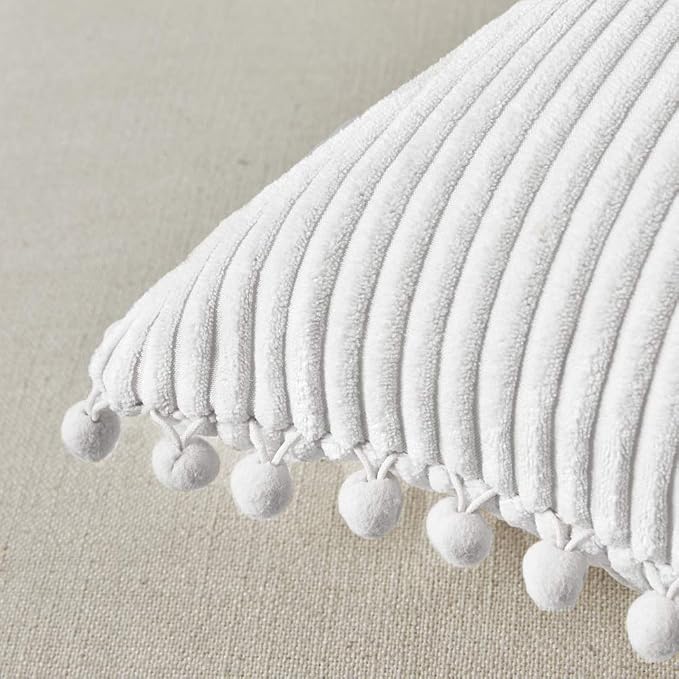 Fancy Homi Pack of 2 Pure White 20 x20 Inch Decorative Throw Pillow Covers with Pom-poms, Soft Corduroy Solid Square Cushion Cases Set for Couch Living Room Bedroom Sofa Car