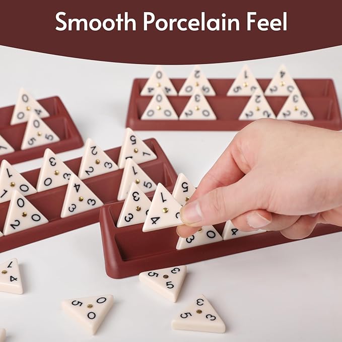 Premium Quality Triangle Domino Game Set with 56 Triangular Domino Tiles, Includes 4 Holders, Classic Family Strategy Board Game for 2-4 Players Kids and Adults