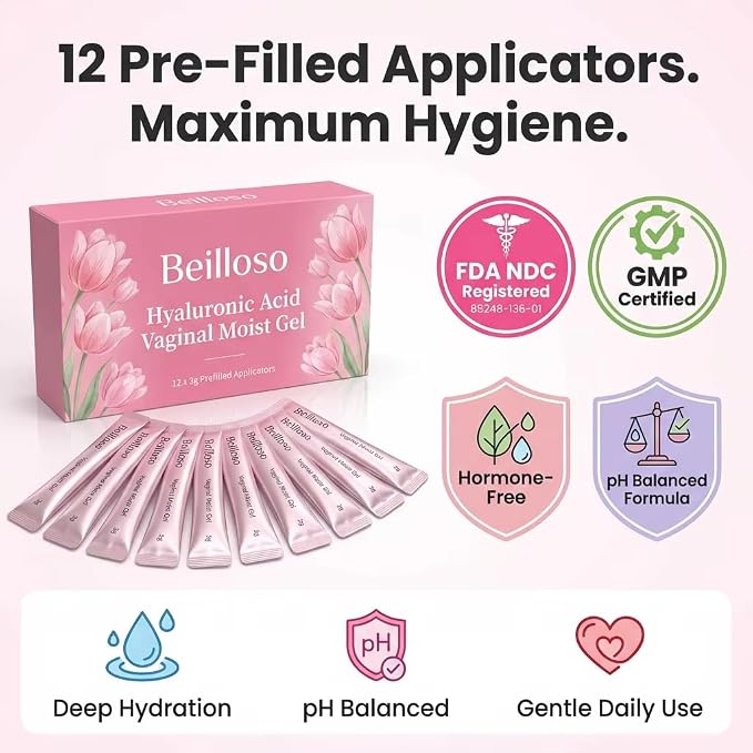 Vaginal Moisturizer Gel — Hyaluronic Acid Formula for Long-Lasting Dryness Relief | 12 Pre-Filled Single-Use Applicators | Hormone-Free, pH Balanced