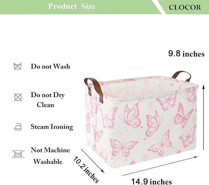 CLOCOR Rectangular Fabric Storage Bin, Waterproof Storage Box with Handles(Pink Butterfly)