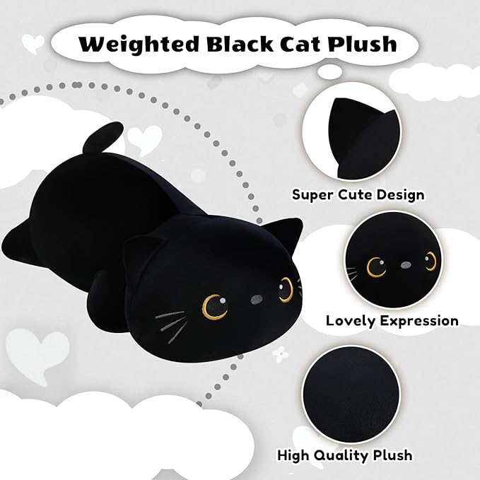 Weighted Black Cat Stuffed Animals, Cute Weighted Black Cat Plush, Soft Stuffed Weighted Plushie Pillow Gifts for Girls Boys(9.8" 0.8Lbs)