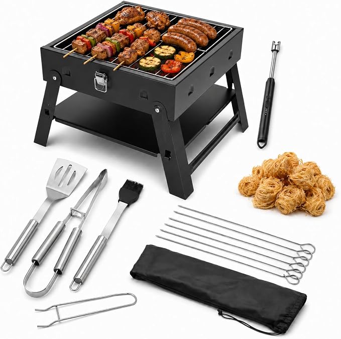 Small Portable BBQ Charcoal Grill: Mini Foldable Table Top Barbecue Grills | with Fire Starter Kit and BBQ Grilling Tool Set, Fathers Day Birthday Grilling Gift for Men Dad Husband