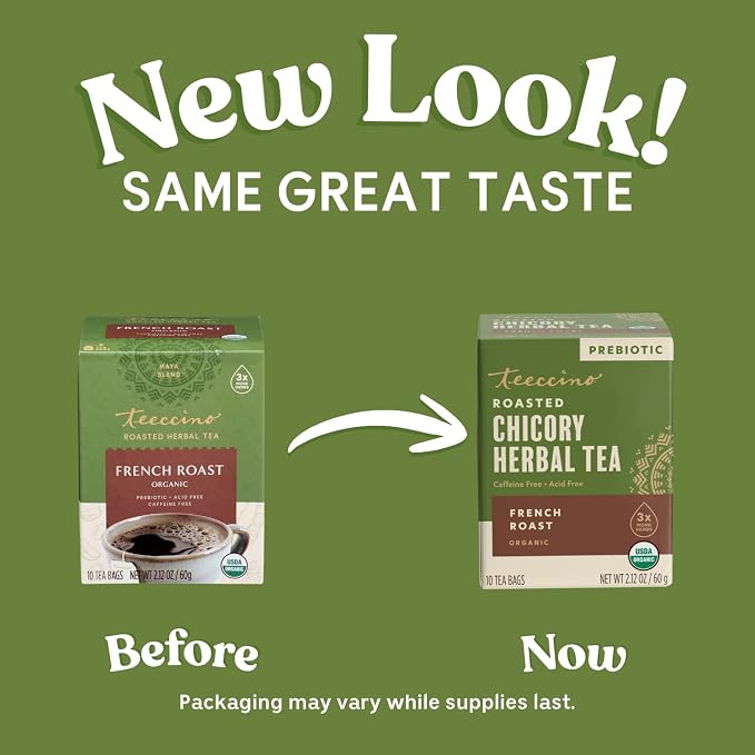 Teeccino French Roast Herbal Tea - Rich & Roasted Herbal Tea That’s Caffeine Free & Prebiotic for Natural Energy, Coffee Alternative, 10 Tea Bags