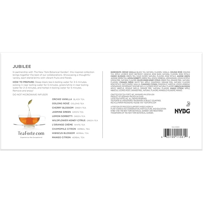 Tea Forte Premium Petite Presentation Box Gift Set Sampler, 10 Count, 2 of Each Blend Individually Wrapped Handcrafted Pyramid Infuser Bags, Jubilee