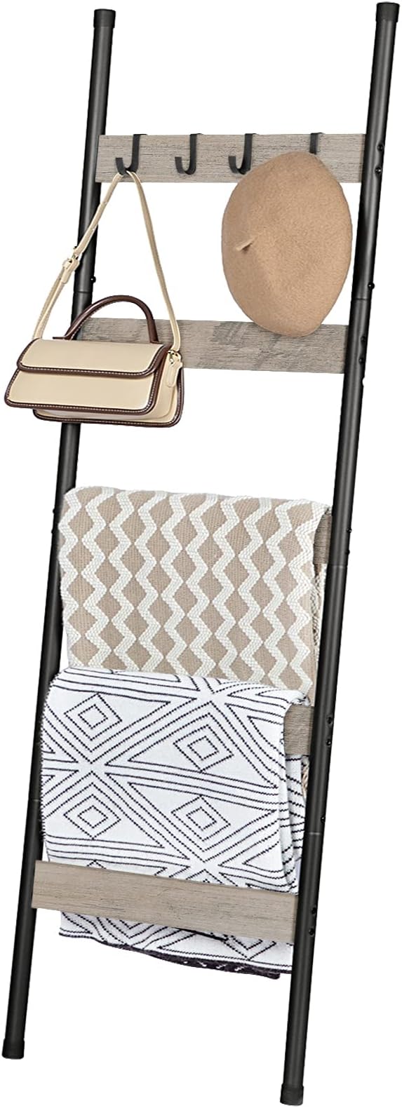 HOOBRO Blanket Ladder, 5-Tier Towel Rack with Hooks, Wall-Leaning Blanket Rack, Decorative Display Ladder Shelf, Scarves, Industrial, Living Room, Bedroom, Greige and Black BG52CJ01