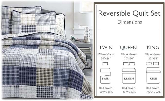 Cozy Line Home Fashions Benjamin Cute Dinosaur Plaid Navy Blue White Grey Bedding Quilt Set 100% Cotton Reversible Coverlet Bedspread Set for Kids Boy(Twin - 2 Piece)