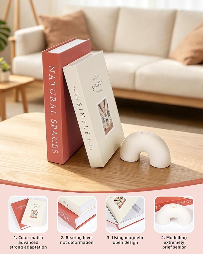 Decorative Books, Coffee Table Decor, 2 Linen Faux/Fake Books with Farmhouse Beads for Home Decor, Bookself, Entryway, Mordern Room Decor Aesthetic (Red - Beige)