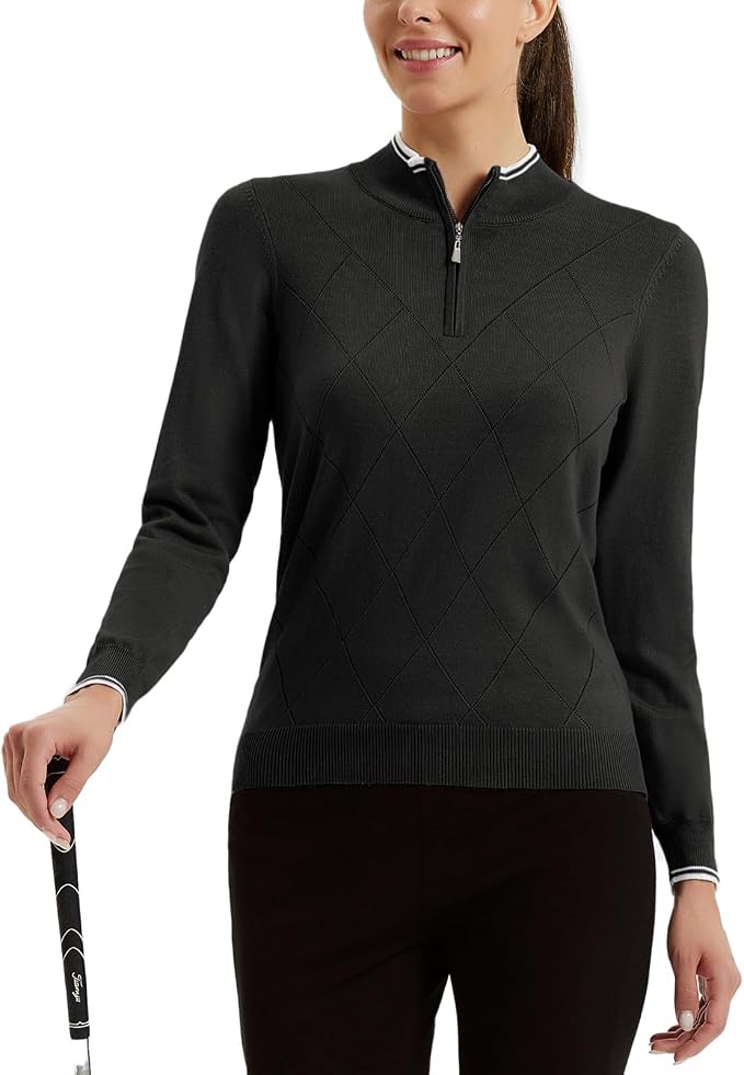 JACK SMITH Quarter Zip Pullover Sweaters for Womens, Rib Polo Sweater Tops | V Neck,Knit,Long Sleeve,Argyle,Open Pattern,Callar,Lightweight,Fashion,Golf Work Business Daily Wear Versatile Pullover Shirt