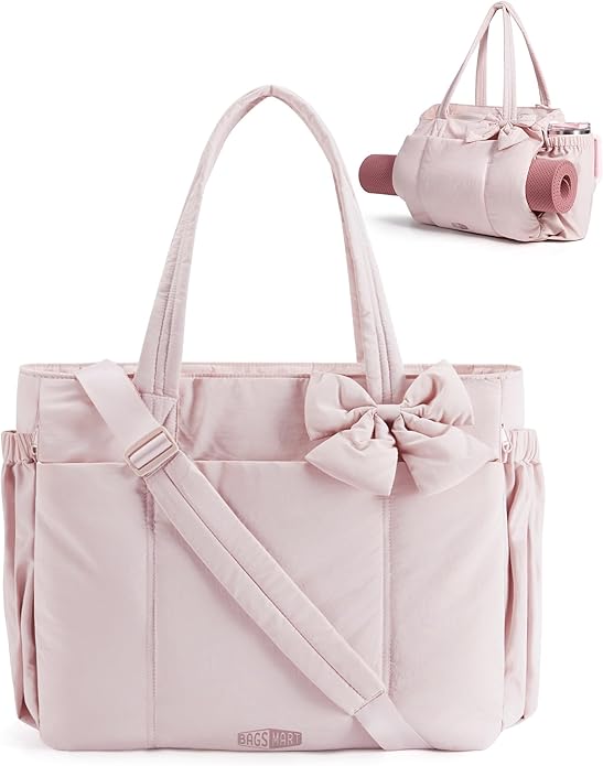 BAGSMART Crush Bow Tote Bag for Women, Puffer Travel Work Yoga Laptop Bag | Large Bow Tote Fits 40oz Tumbler, 15.6" Laptop, Yoga Mat Sleeve, Waterproof Pocket, Travel Work Swim Gym Mom Shoulder Handbag