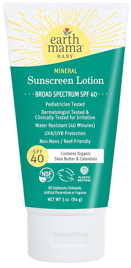 Earth Mama Baby Mineral Sunscreen Lotion SPF 40-3 oz - Non-Nano Zinc - Broad Spectrum for Babies, Kids & Family - Water Resistant Sun Protection