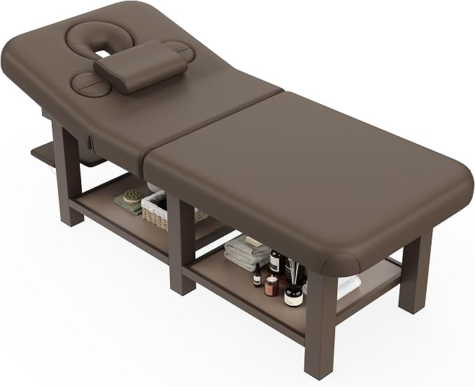 Extra Large 34''×80'' Folding Stationary Massage Table with Adjustable Backrest, Heavy-Duty Metal Frame PU Leather Treatment Bed for Spa, Physical Therapy, Tattoo, Facial & Medical Exam - Brown