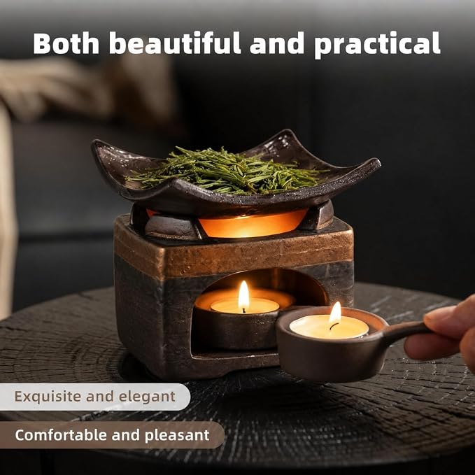 Cedar Aromatherapy Burner & Ceramic Oil Warmer for Home & Office (Heat-Resistant Baking Tray + Eaves Oven + Accessories)