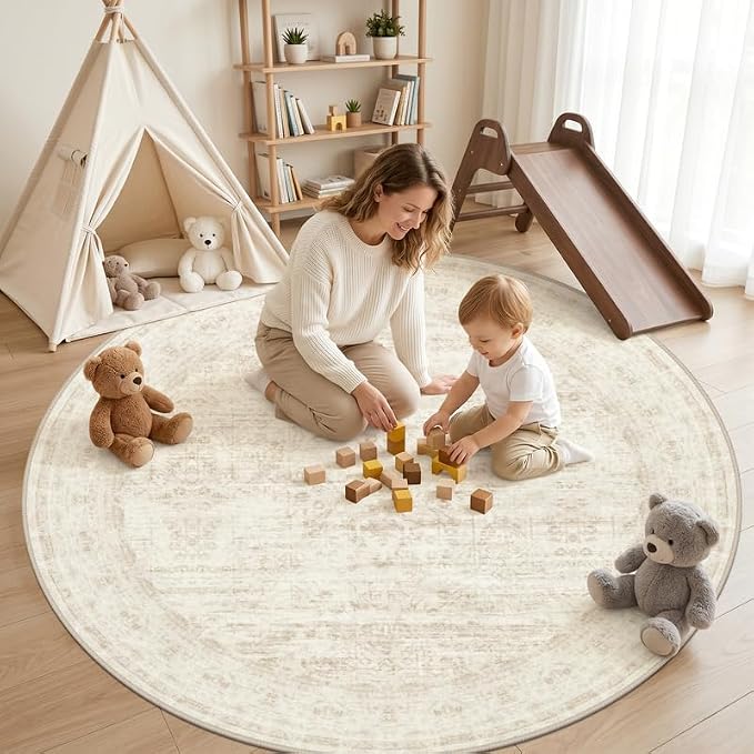 Round Area Rug for Living Room: 8ft Vintage Boho Neutral Washable Circle Rug Soft Large Circular Carpet for Bedroom Nursery Farmhouse Dining Room Office Floor Non-Slip Low Pile Under Table Retro Beige