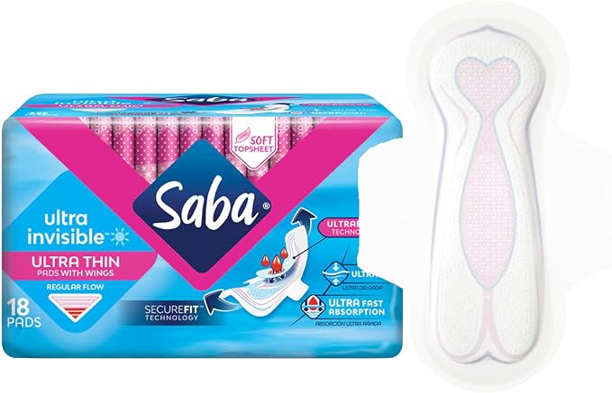 SABA Ultra Invisible Ultra Thin Regular Pads with Wings, SecureFit Technology, 3-Pack of 18 Pads (54 Count)