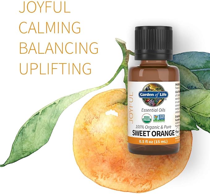 Garden of Life Essential Oil Sweet Orange 100% USDA Organic & Pure, Clean, Undiluted & Non-GMO for Diffuser, Aromatherapy, Meditation, Joyful, Calming, Balancing, Uplifting, 0.5 Fl Oz (Pack of 2)