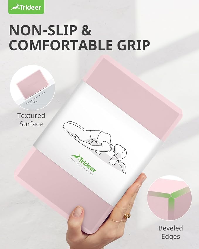 Trideer Yoga Blocks 2 Pack, Soft Non-Slip Foam Blocks with Beveled Edges for Alignment and Stretching in Yoga, Pilates, and Dance - Supportive, Lightweight, Odor Resistant, Latex-Free