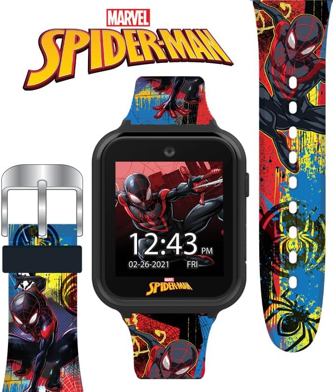Spider-Man Kids LED Smartwatch with 10 Watch Faces, Flashing LED Bezel, Step Counter, Selfie and Video Camera, Timer, Stopwatch, Alarm, Calculator, Fun Games, and 3 Wallpapers – Fits Wrists 5.5"-8.0"