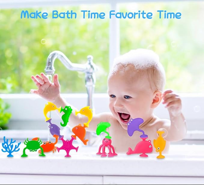 18PCS Suction Bath Toys for Toddler Kids, Mold Free Silicone Ocean Animals Suction Cup Bathtub Toys, No Hole Sensory Window Fidget Toys, Fun Creative Gift for Boys Girls with Eggshell